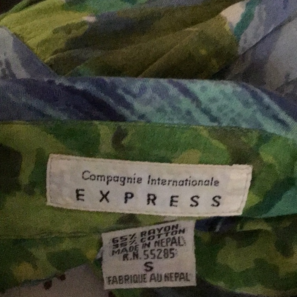 2 piece Express Floral Green and Blue Button-Up set.  Small. - Picture 3 of 11